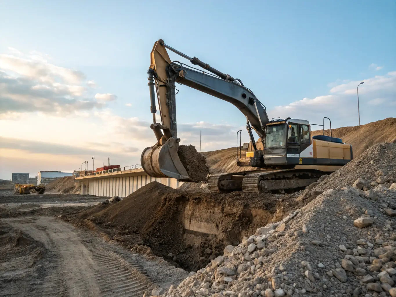 A Shandong Nuoman excavator working on a construction site, digging a foundation for a new building, showcasing its power and precision.
